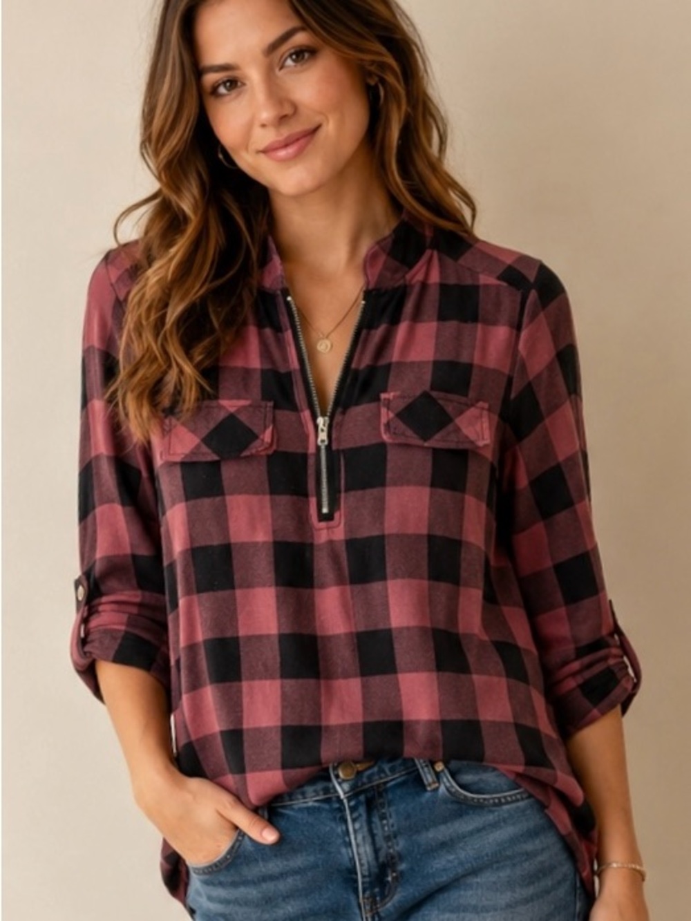 Women's Pink and Black Plaid Half-Zip Button-Front Shirt